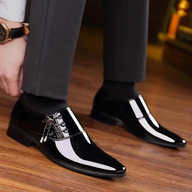 Men's Casual Bright Leather Shoes Fashionable All-Match Formal Business Office Wedding Single Shoes round Toe Low Heel