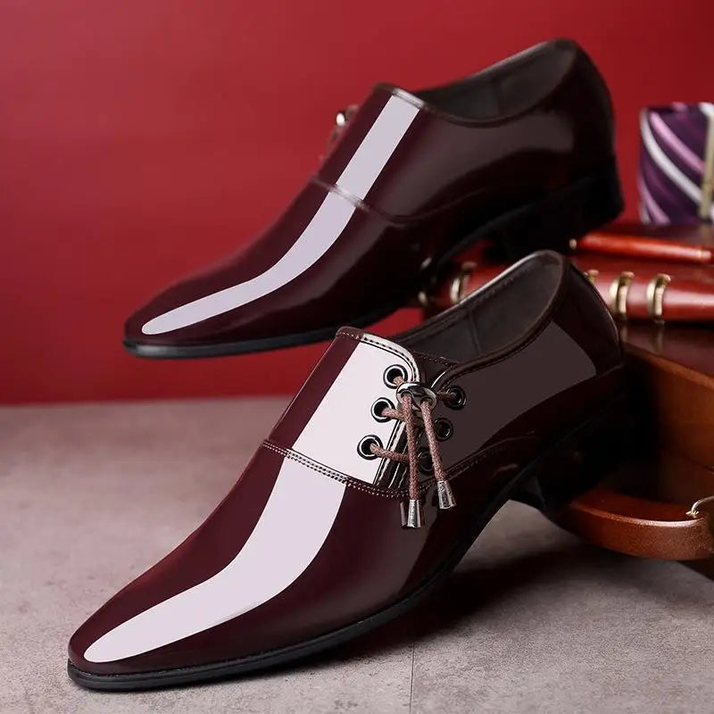 Men's Casual Bright Leather Shoes Fashionable All-Match Formal Business Office Wedding Single Shoes round Toe Low Heel